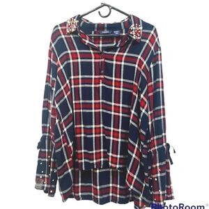 Life style women’s plaid shirt bell sleeves with pearl accents size PXL (3x$15)